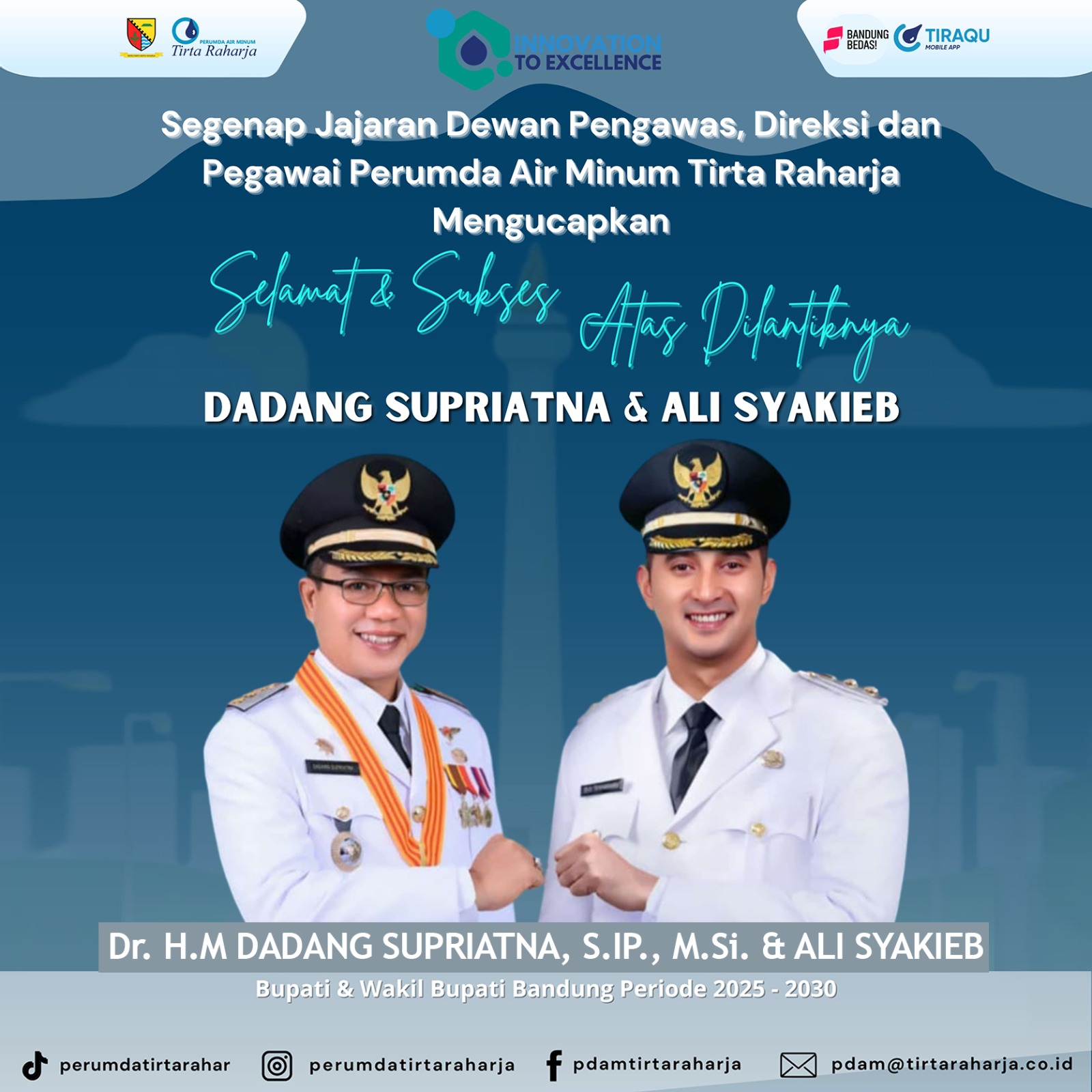 Selamat & Sukses atas dilantiknya Bupati dan Wakil Bupati Bandung Periode 2025-2030 oleh Perumda Air Minum Tirta Raharja